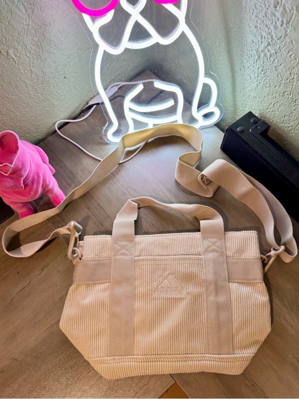 adidas Cream Corduroy Shoulder Tote with Adjustable Strap